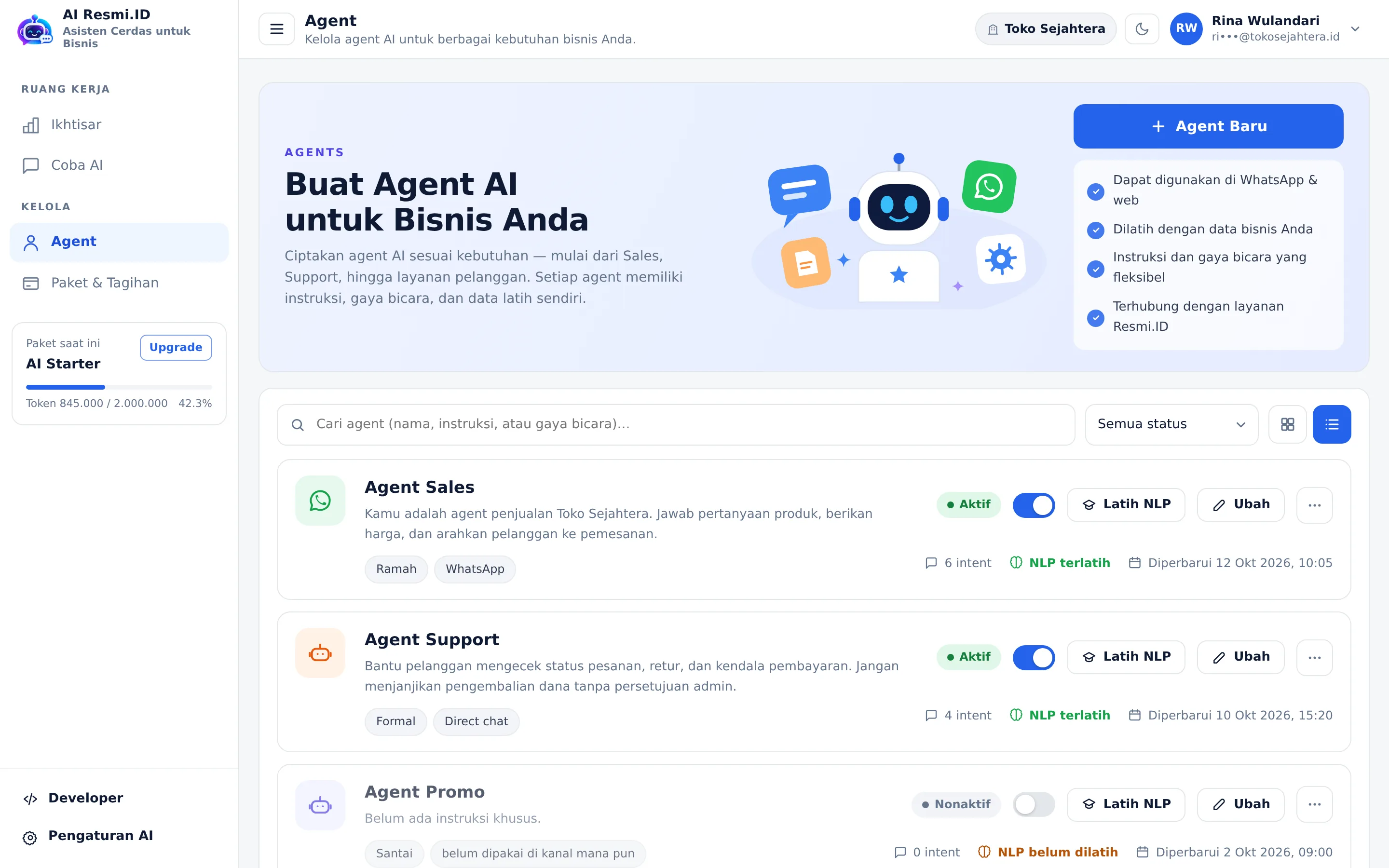 Tangkapan layar halaman Agent — Daftar agent