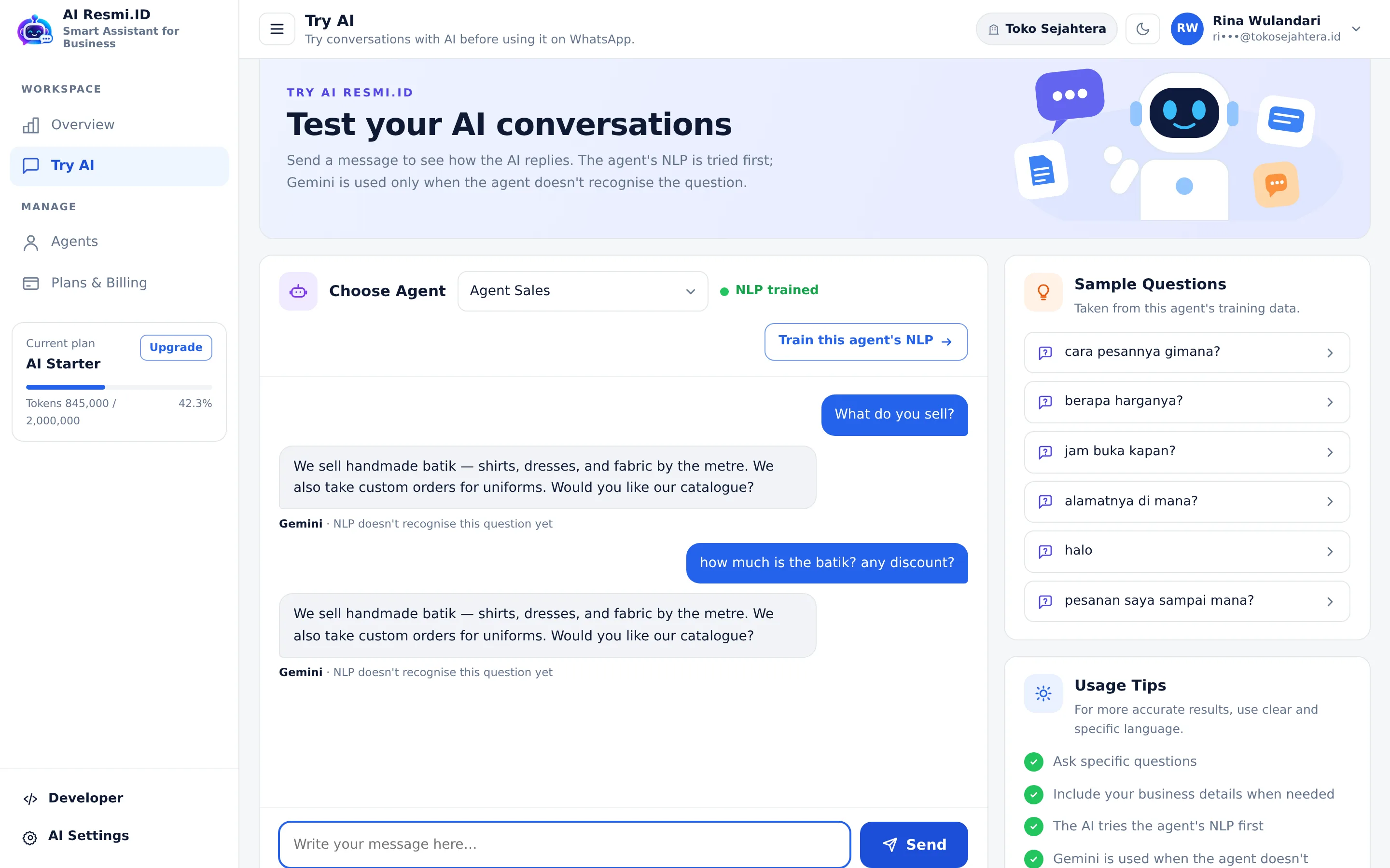 Screenshot of the page Try AI