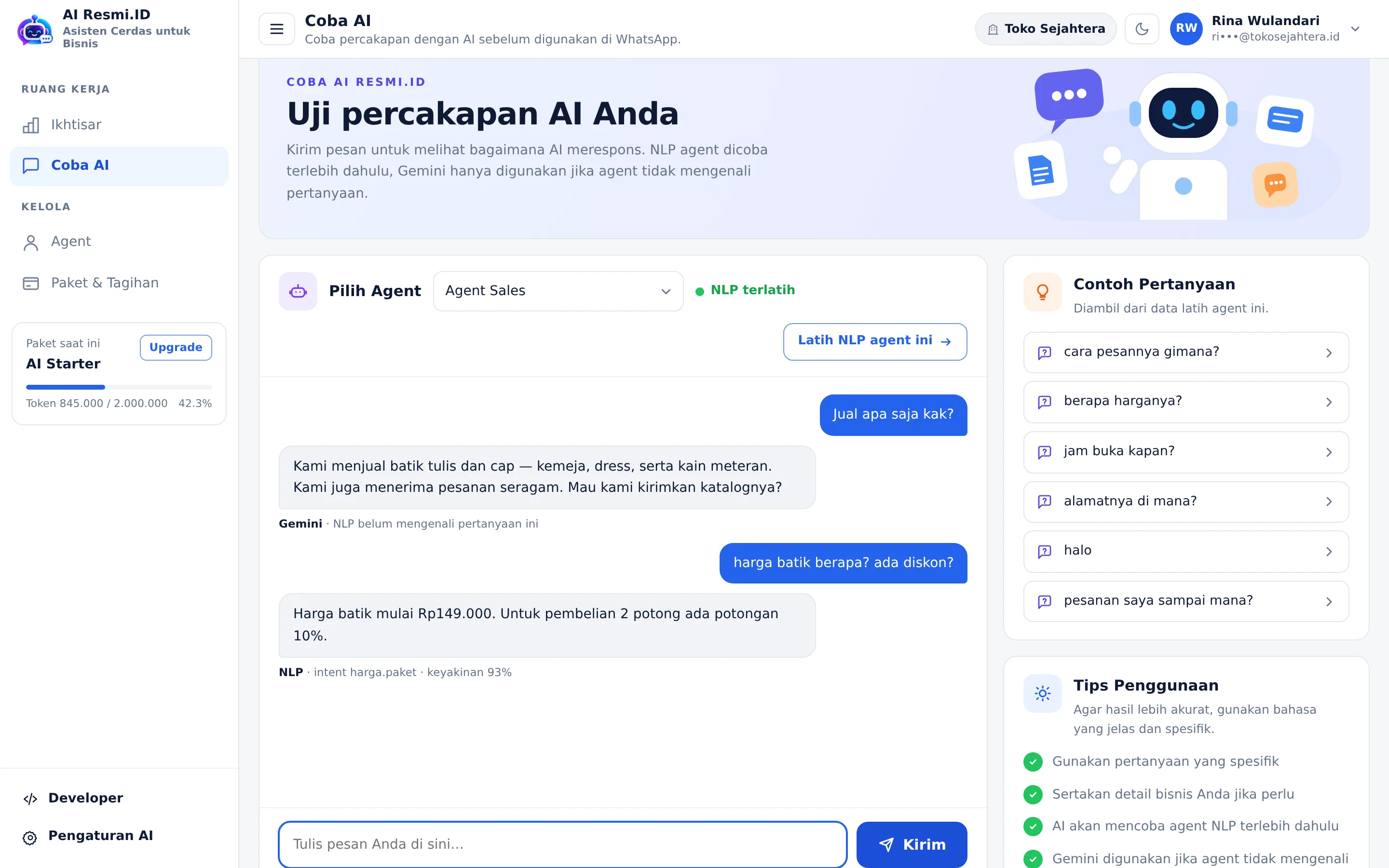 Tangkapan layar halaman Coba AI