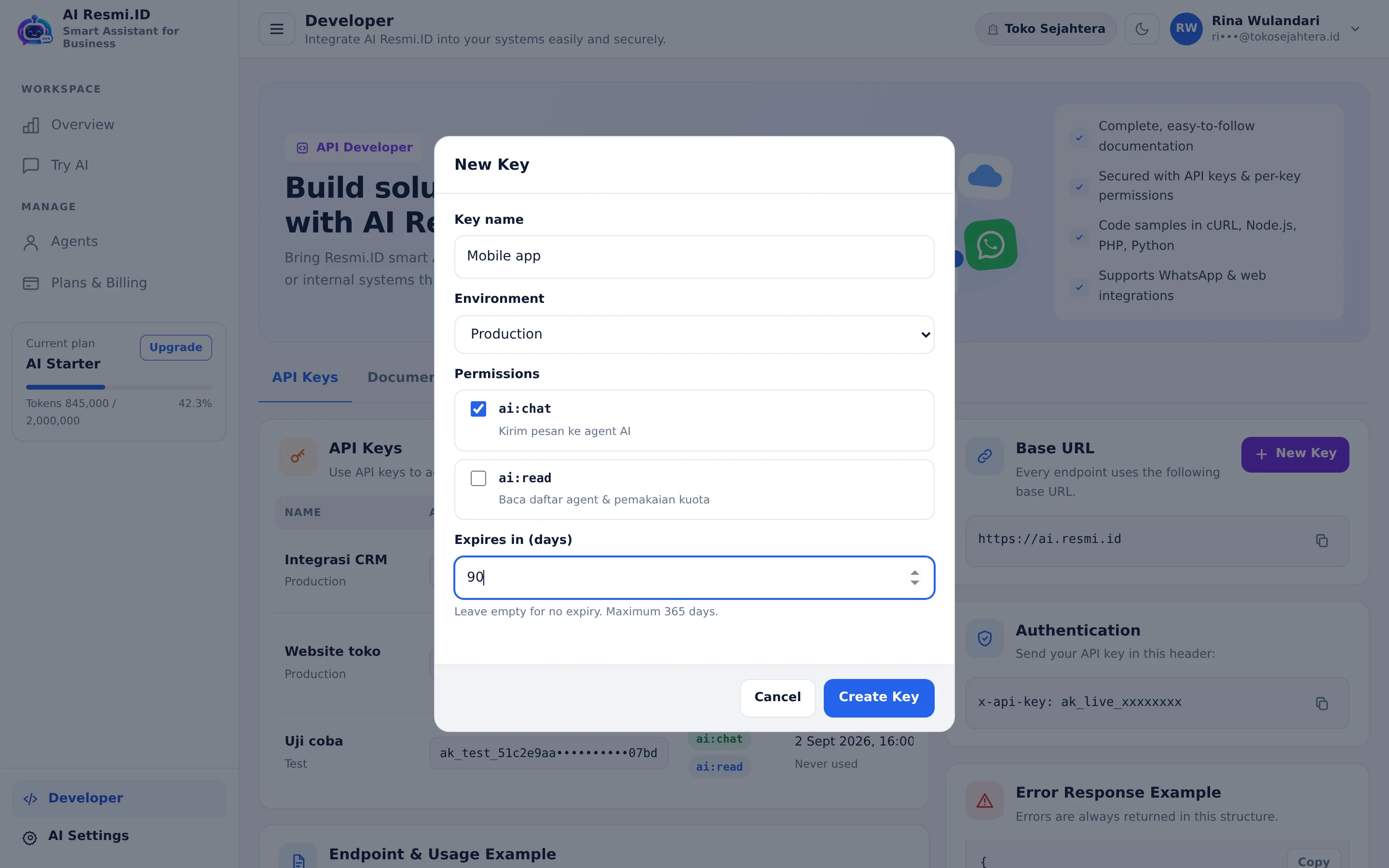 Screenshot of the page Developer — Step 1 · New key