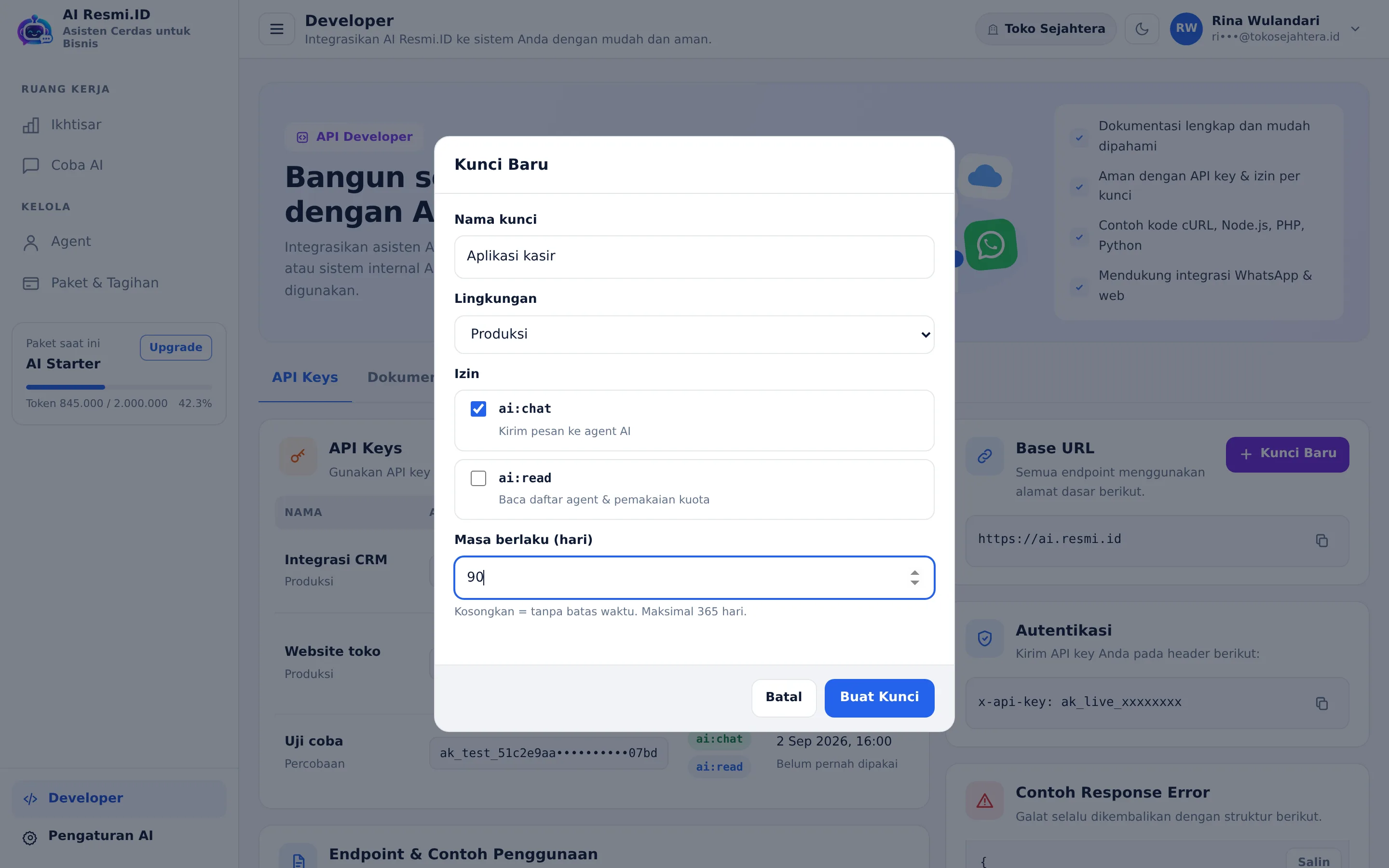 Tangkapan layar halaman Developer — Langkah 1 · Kunci baru