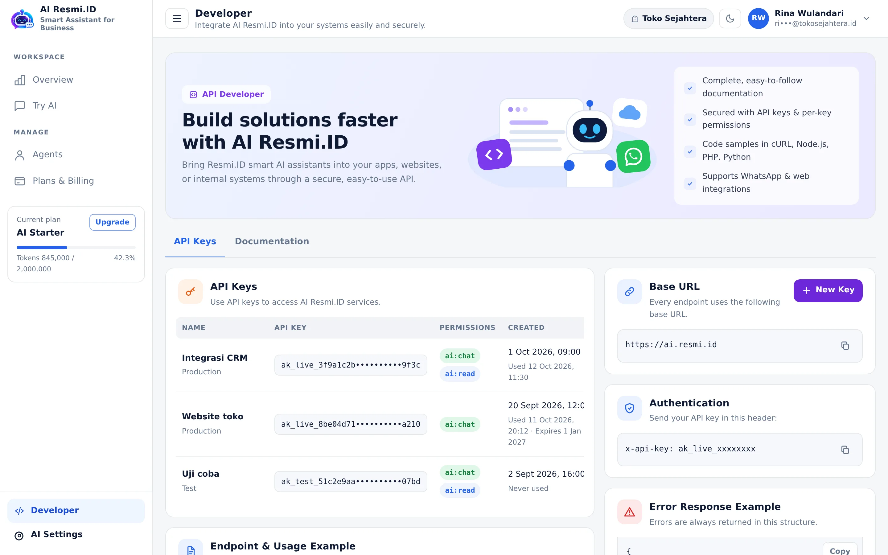 Screenshot of the page Developer — Step 1 · API key list