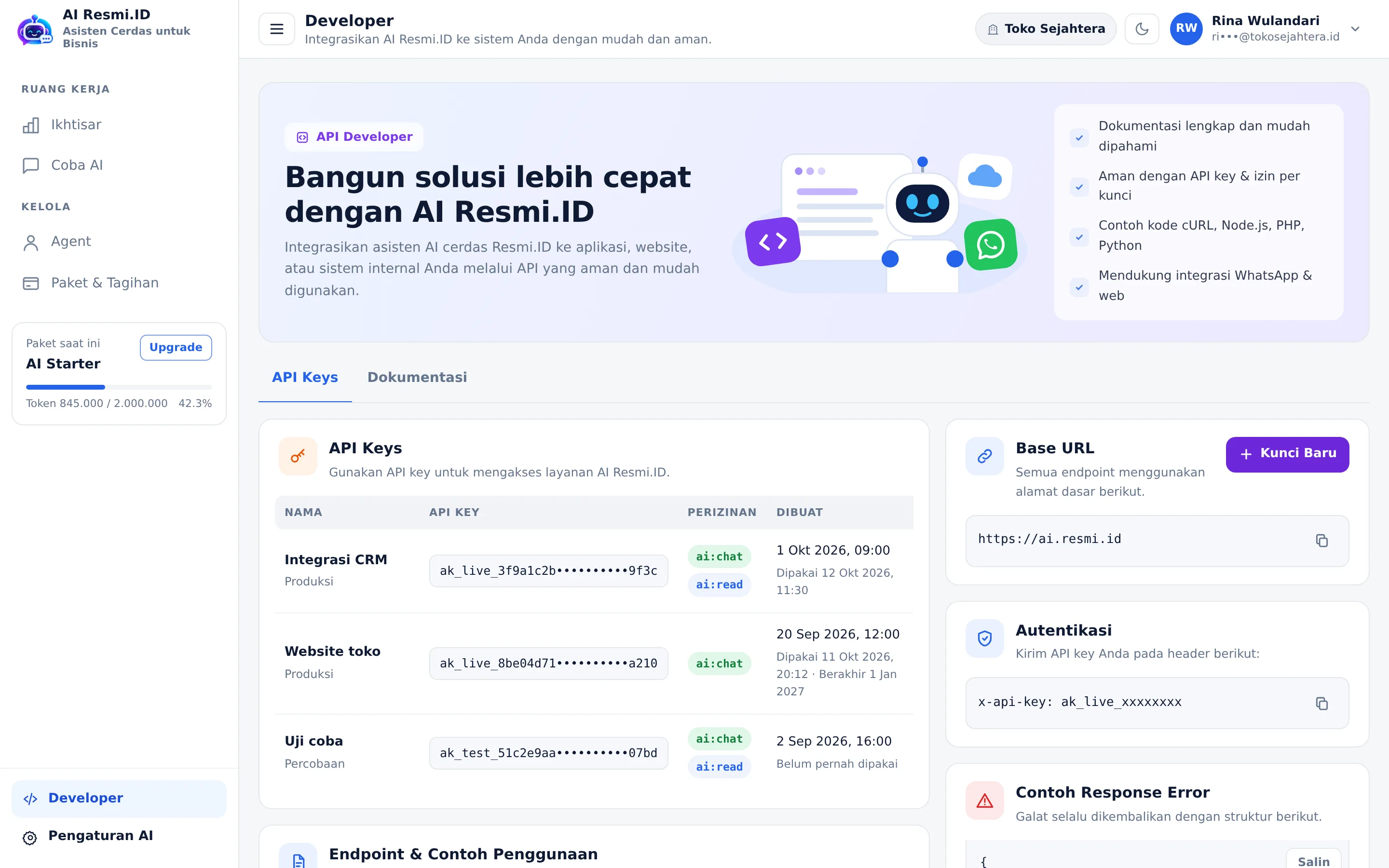 Tangkapan layar halaman Developer — Langkah 1 · Daftar API key