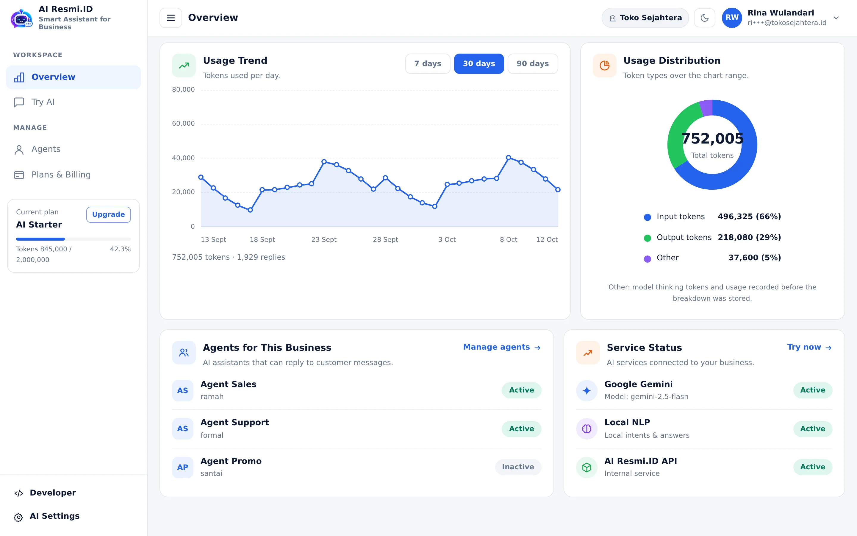 Screenshot of the page Overview — 30-day trend, agents & status