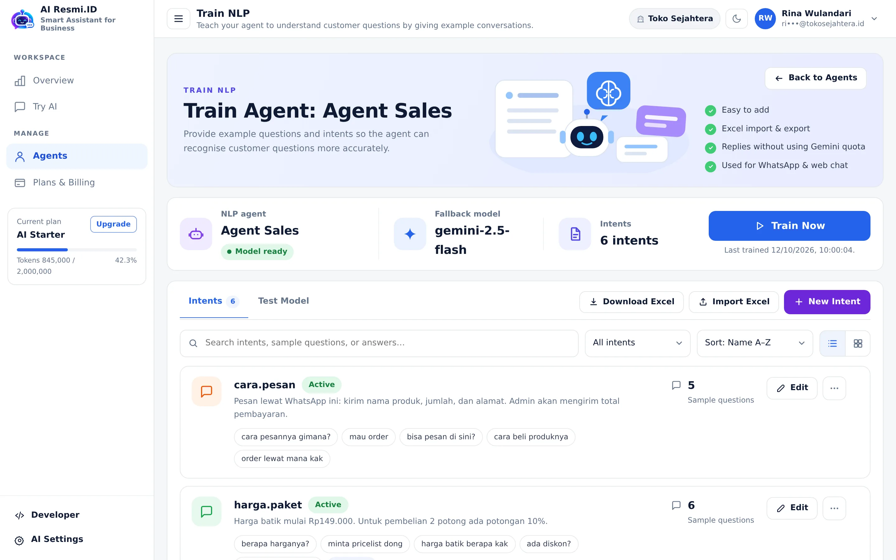Screenshot of the page Train NLP — Step 1 · Intents