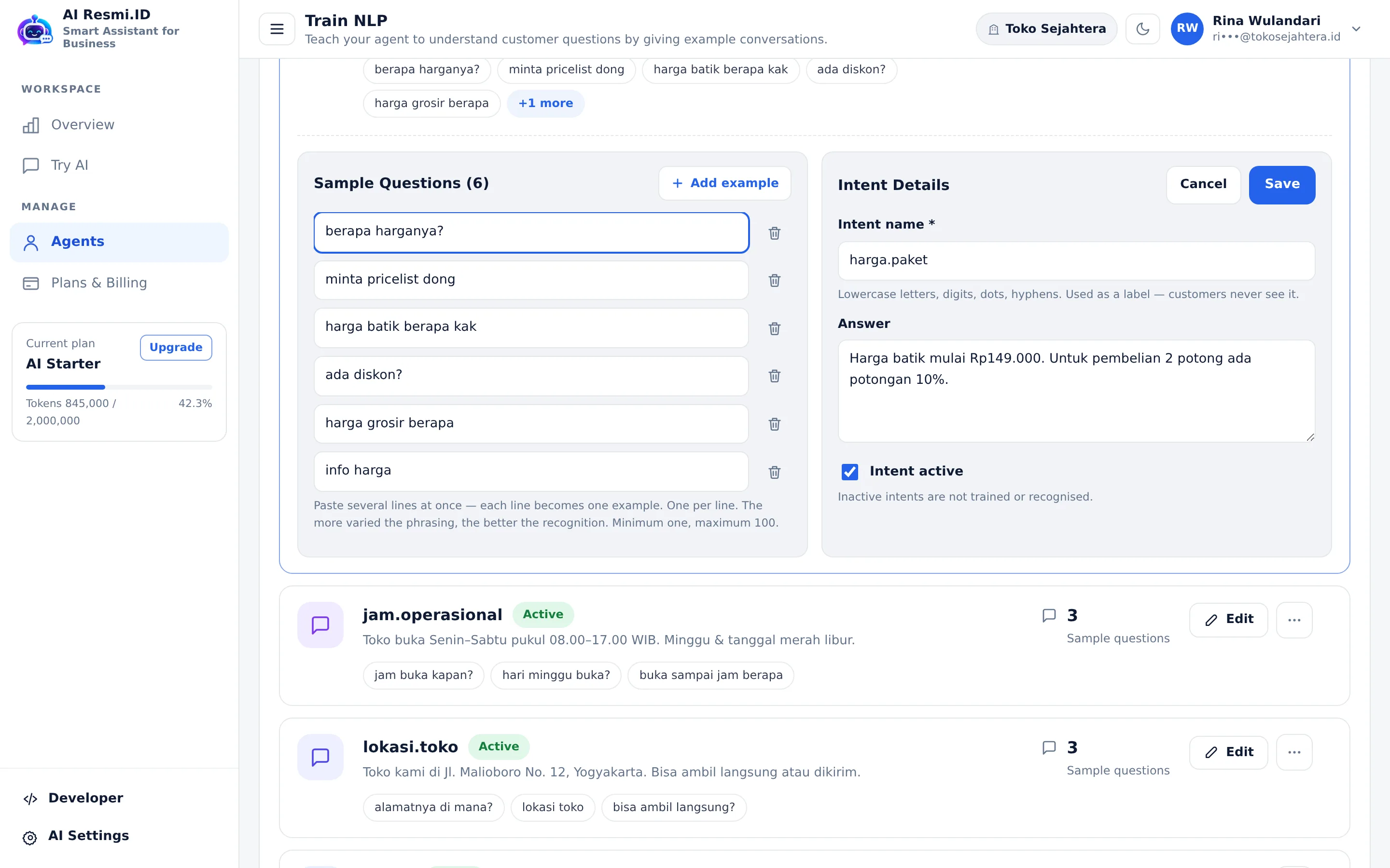 Screenshot of the page Train NLP — Step 1 · Examples & answer