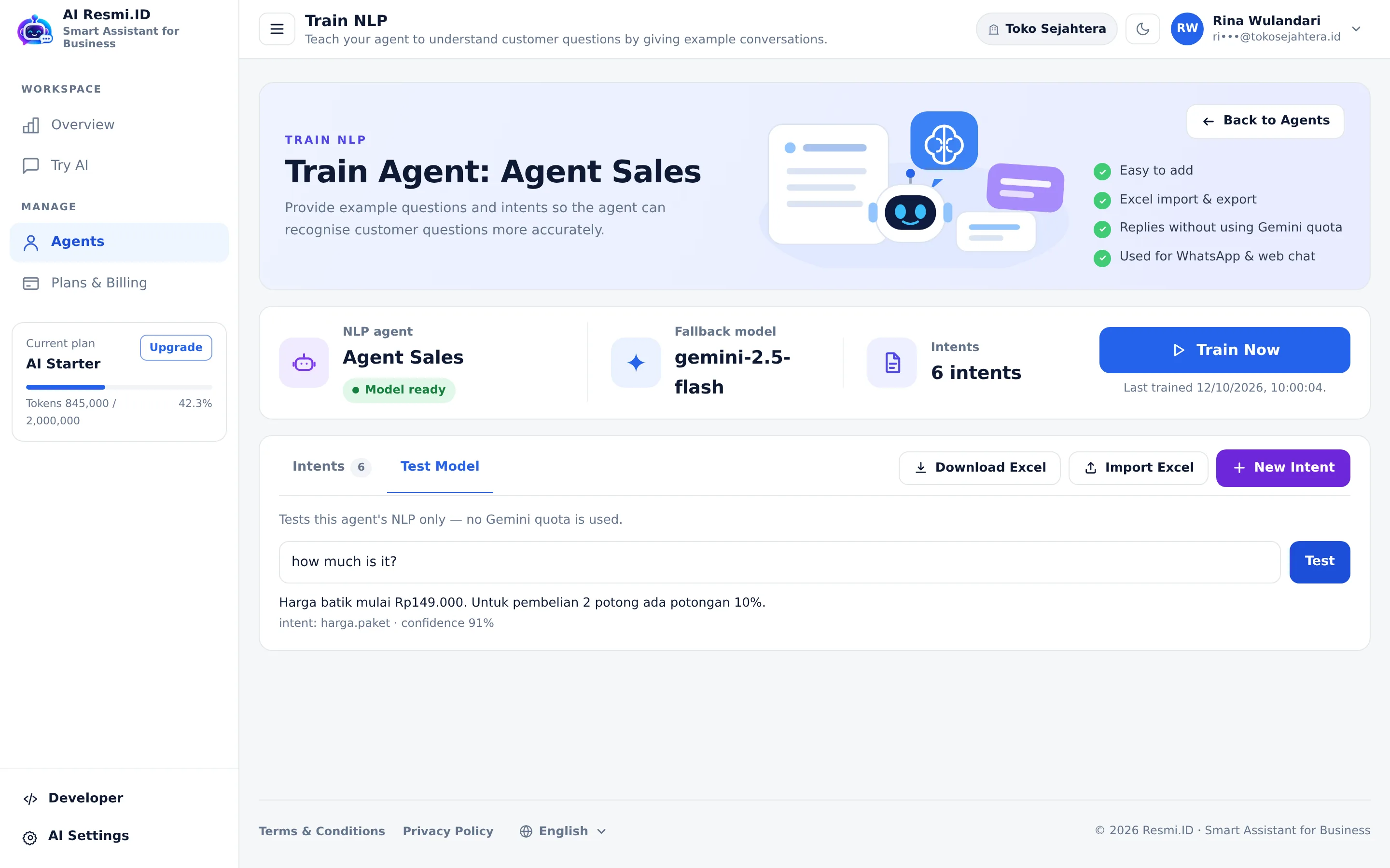 Screenshot of the page Train NLP — Step 3 · Test Model