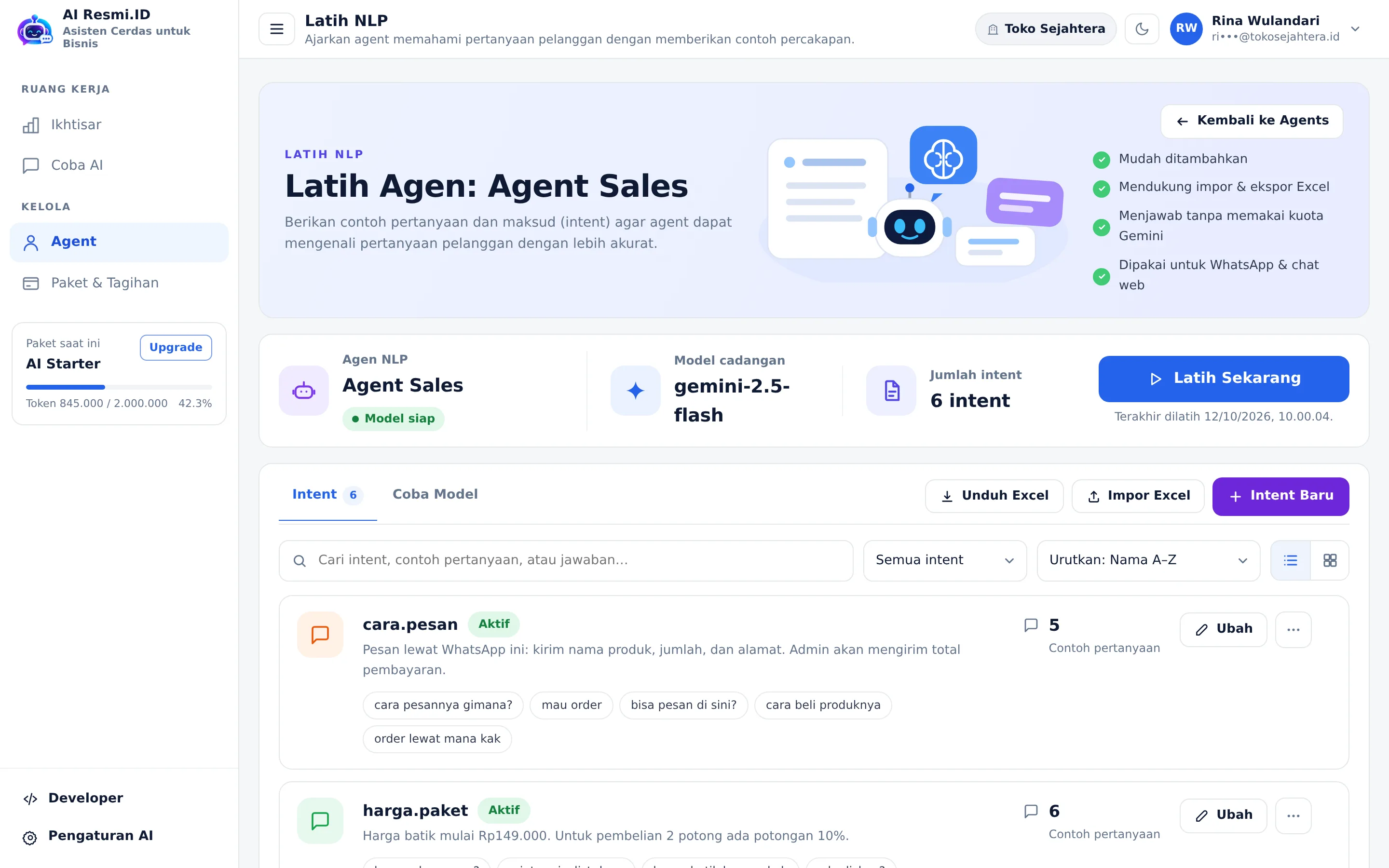 Tangkapan layar halaman Latih NLP — Langkah 1 · Intent
