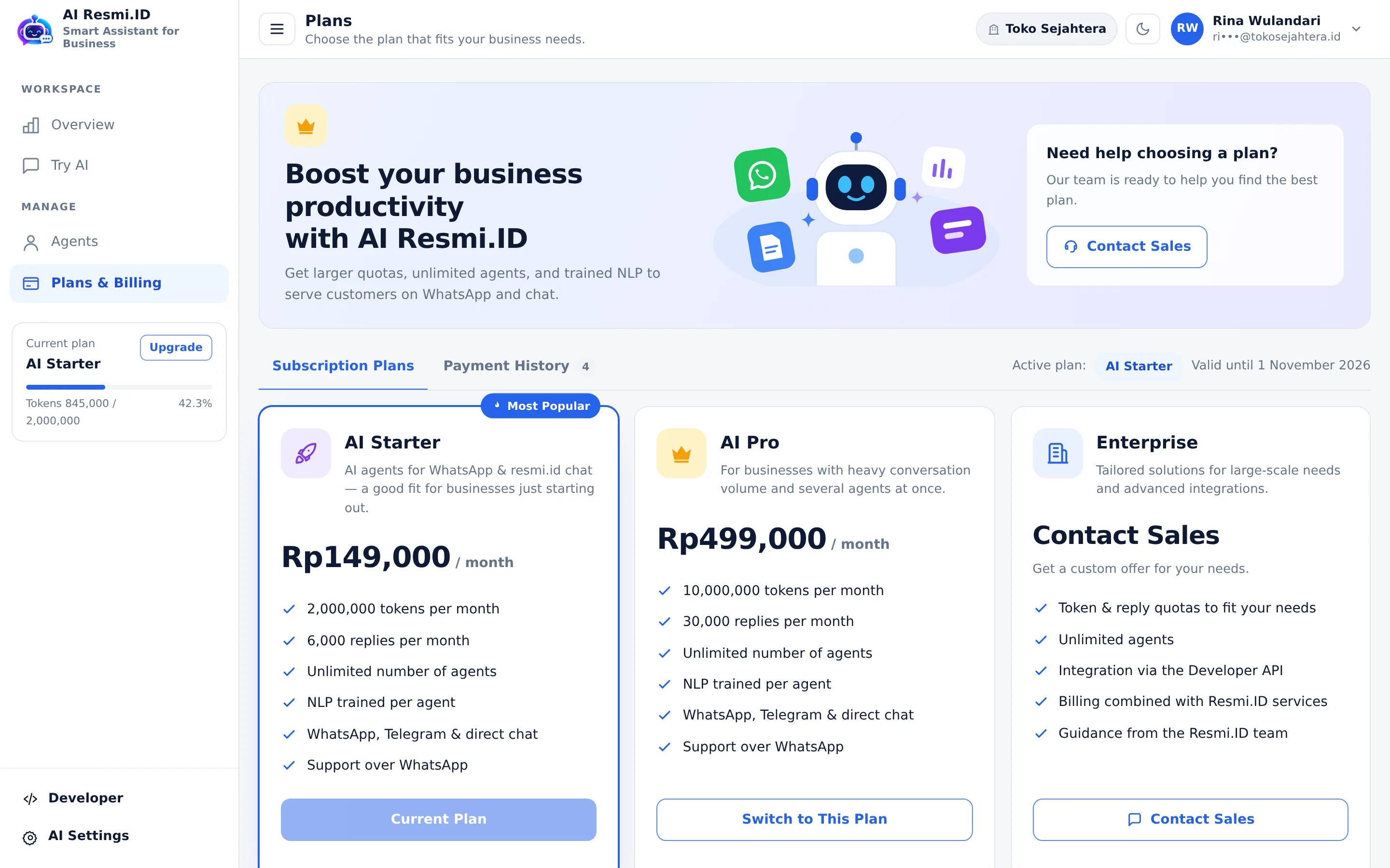 Screenshot of the page Plans & Billing — Subscription plans