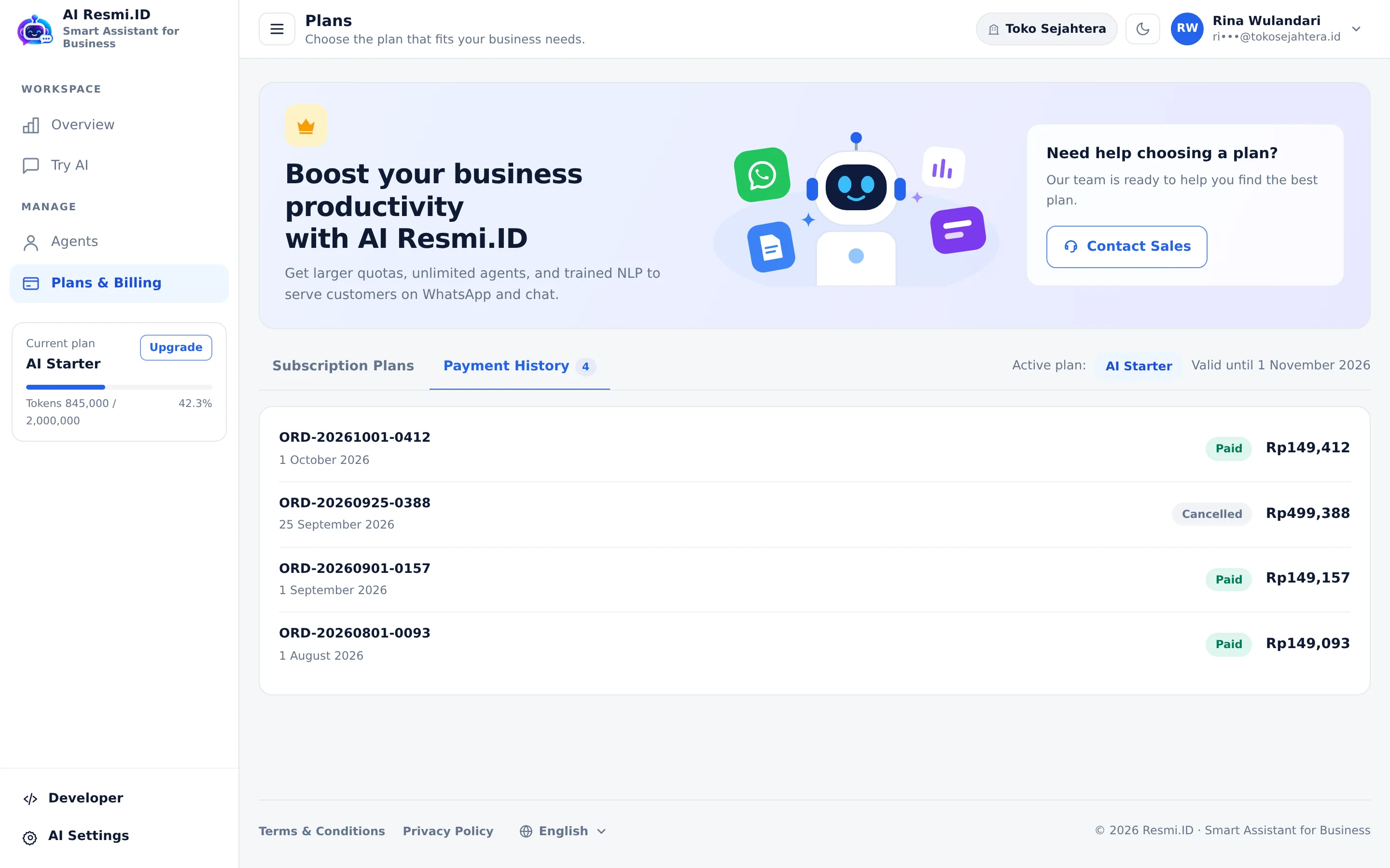 Screenshot of the page Plans & Billing — Payment history