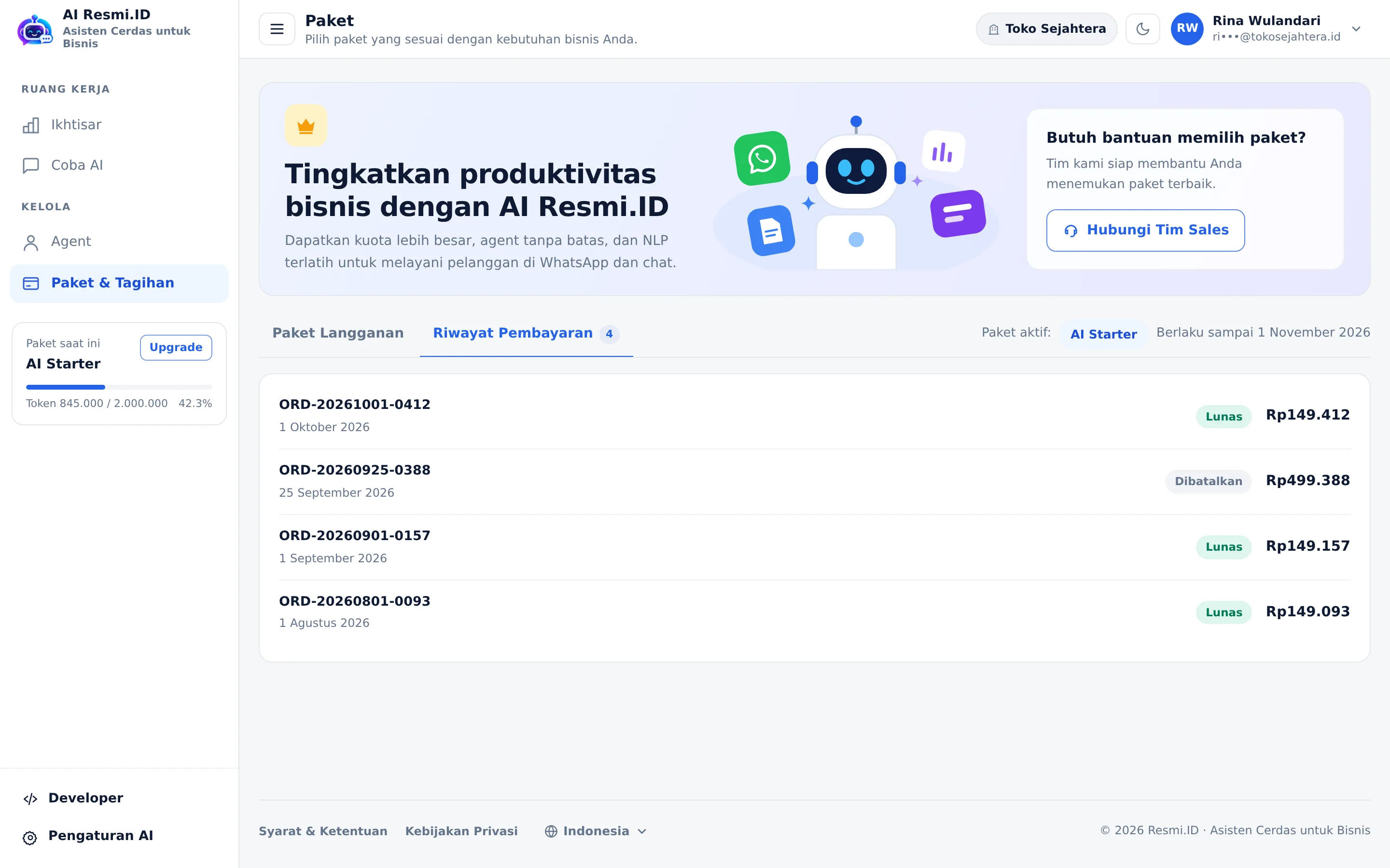 Tangkapan layar halaman Paket & Tagihan — Riwayat pembayaran