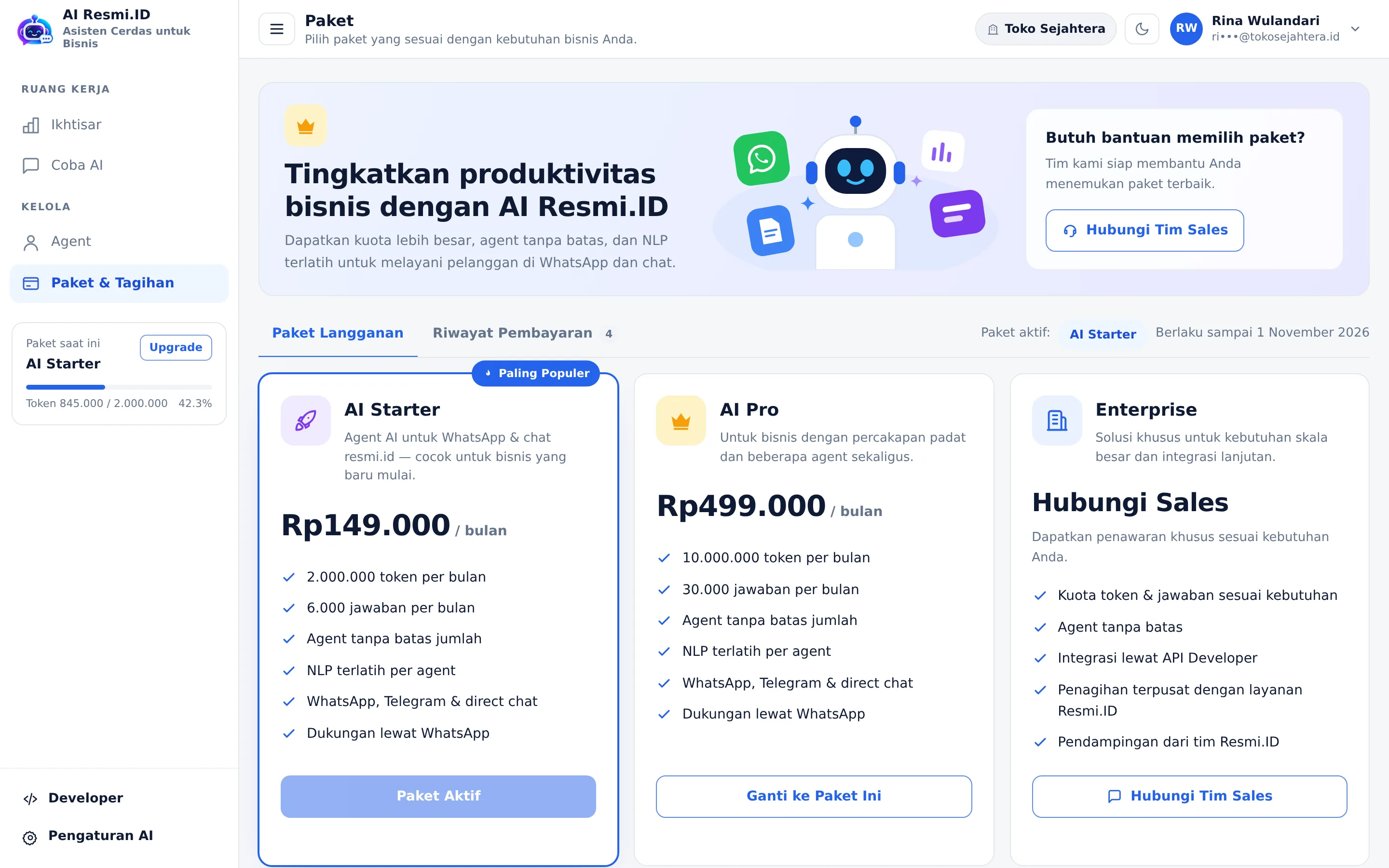 Tangkapan layar halaman Paket & Tagihan — Paket langganan