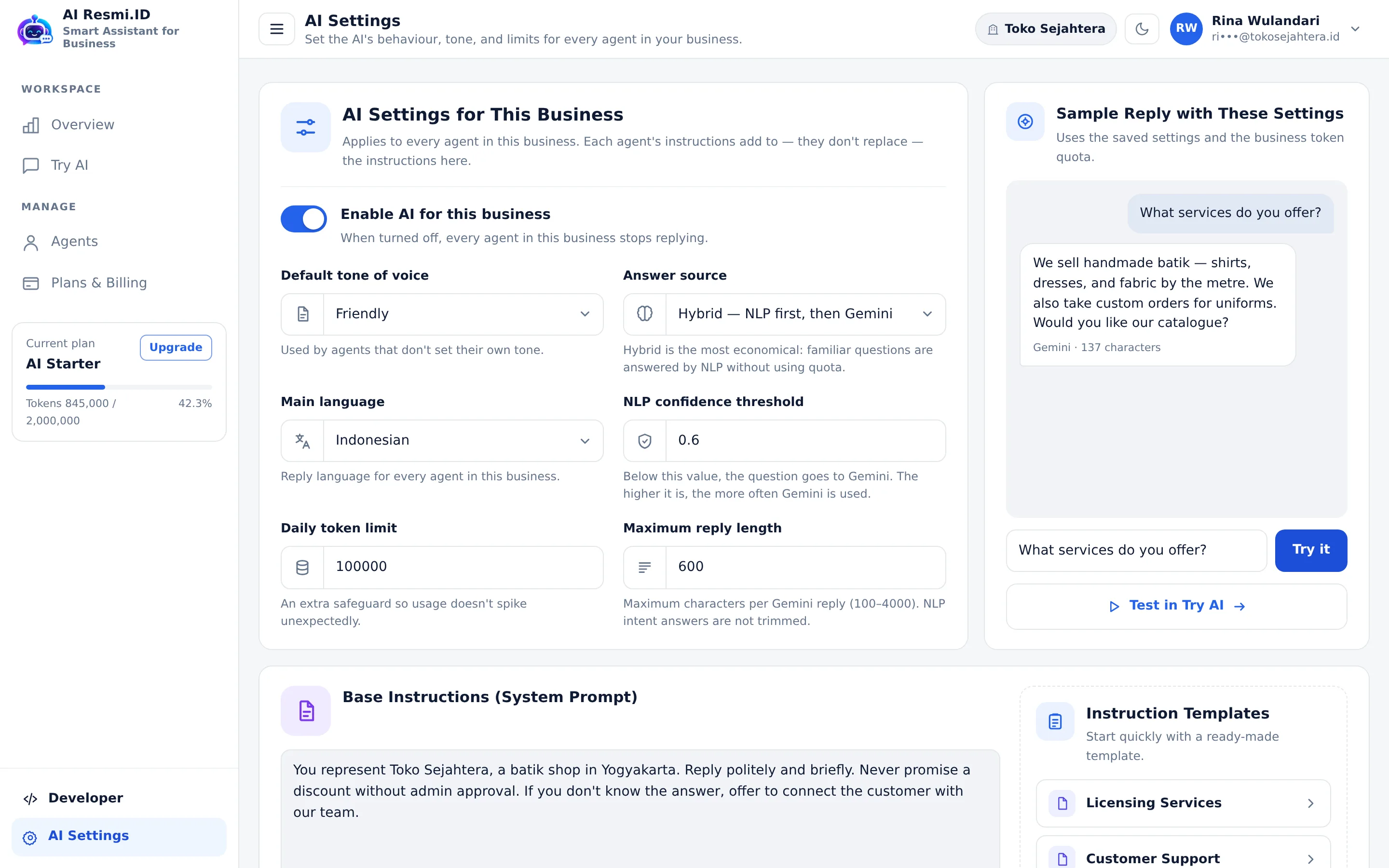 Screenshot of the page AI Settings — Sample reply