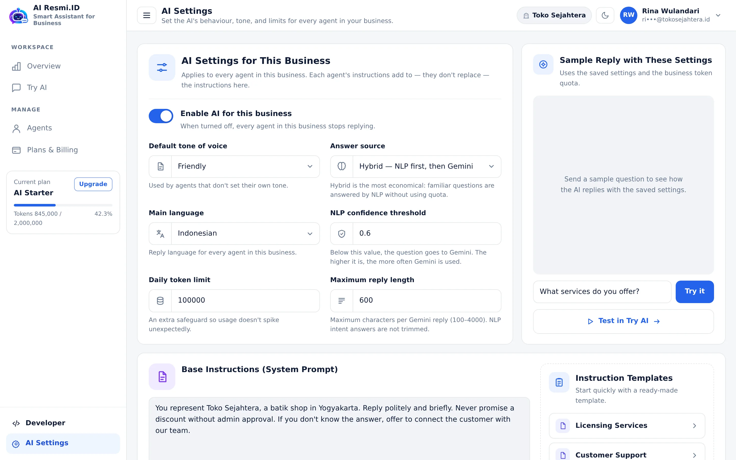 Screenshot of the page AI Settings — Settings form